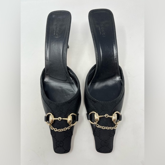 Gucci GG Monogram Horse-bit Chain Mule Heel Black Canvas Leather size 10.5 US - Picture 1 of 8